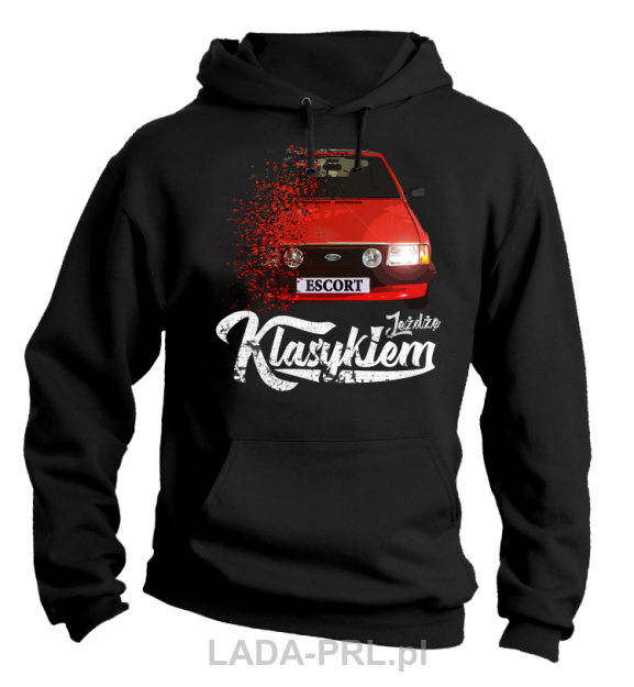 Czarna bluza męska z kapturem z nadrukiem FORD Escort.