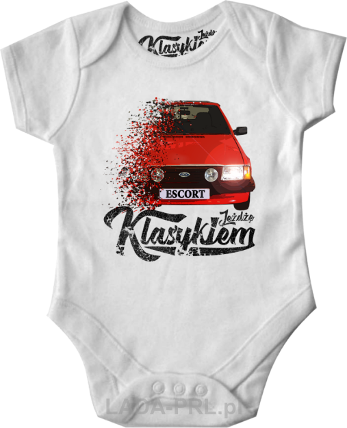 Białe body dziecięce z autkiem FORD Escort.