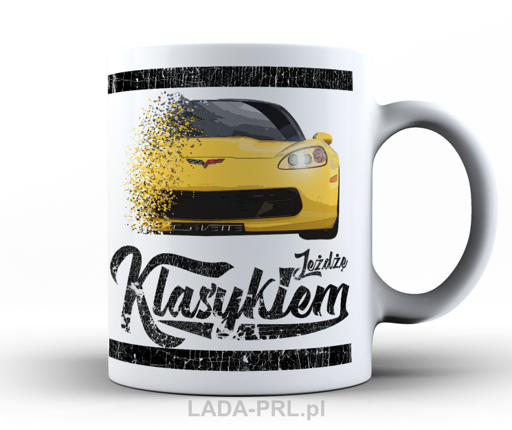 Biały kubek z nadrukiem Chevrolet Corvette