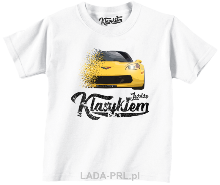 Biała koszulka bawełniana dla dziecka z sportowym autem Chevrolet Corvette.