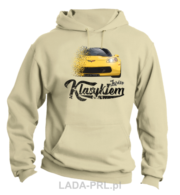 Beżowa bluza męska z kapturem z nadrukiem Chevrolet Corvette.